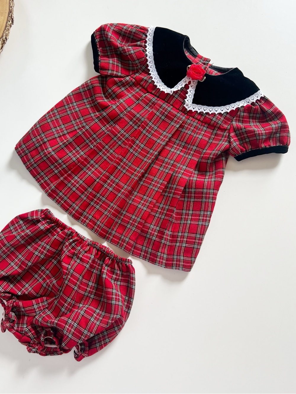 Vintage Youngland Holiday Plaid Dress and Bloomer Set | 3-6m